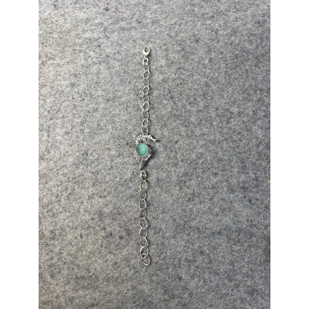 Seahorse Bracelet W/Extender Silvertone Teal Sea Glass Style Cabochon Coastal